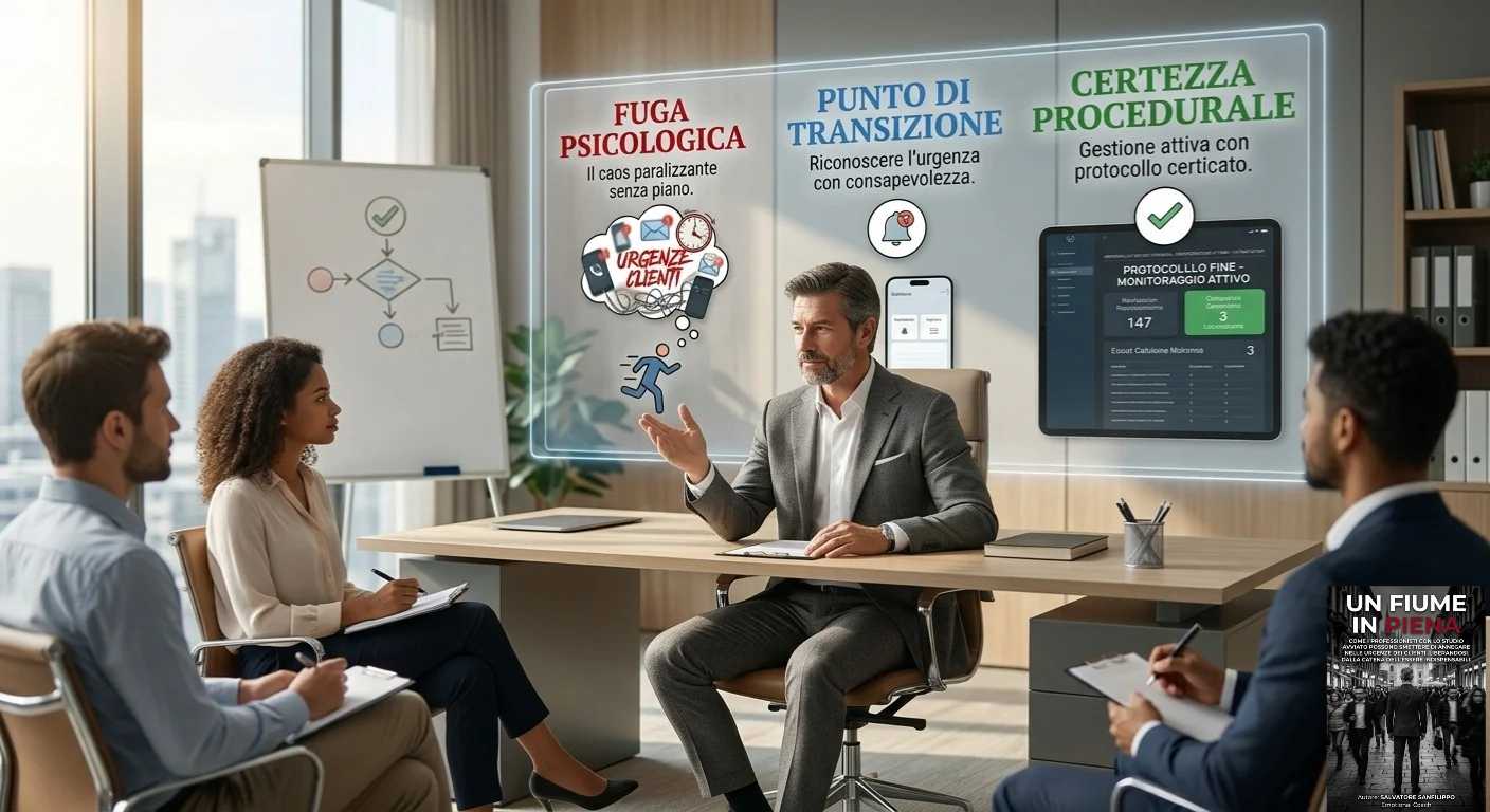 Professionista in ufficio che spiega la gestione delle urgenze dei clienti, passando dalla fuga psicologica alla certezza procedurale,