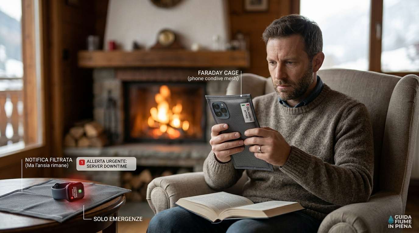 Professionista con libro in mano che sperimenta l'illusione del digital detox e della reperibilità telefonica durante il weekend